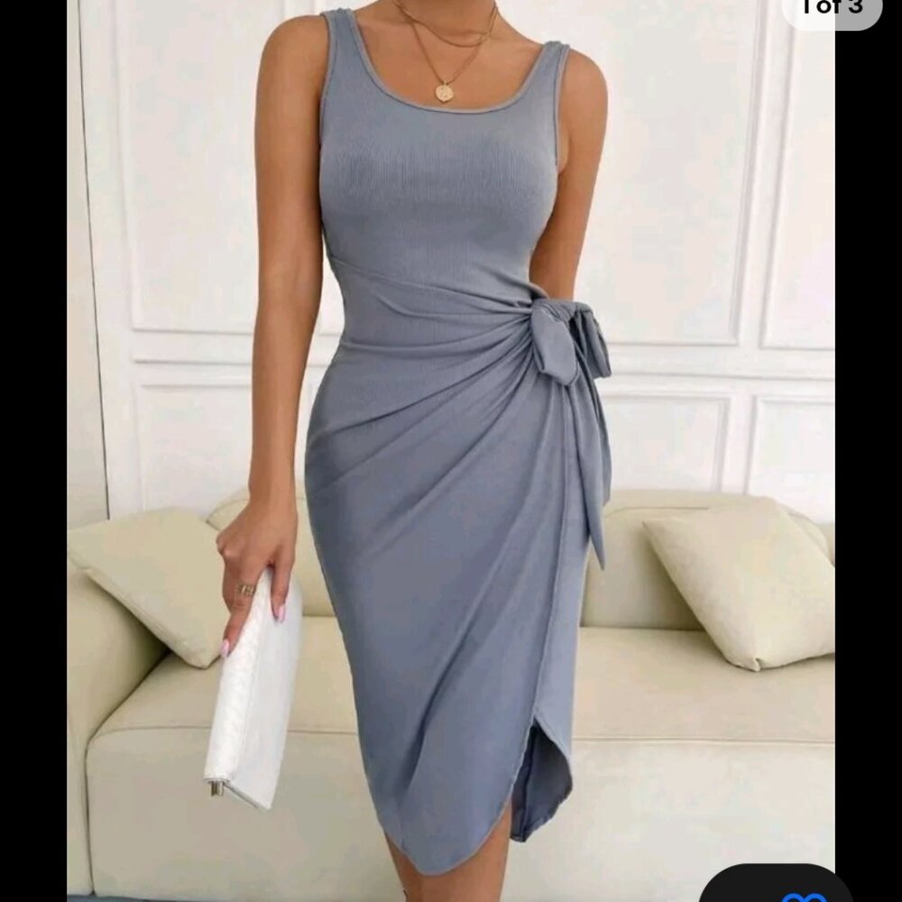 Ribbed Tie Waist Wrap Midi Dress in Powder Blue - Size L